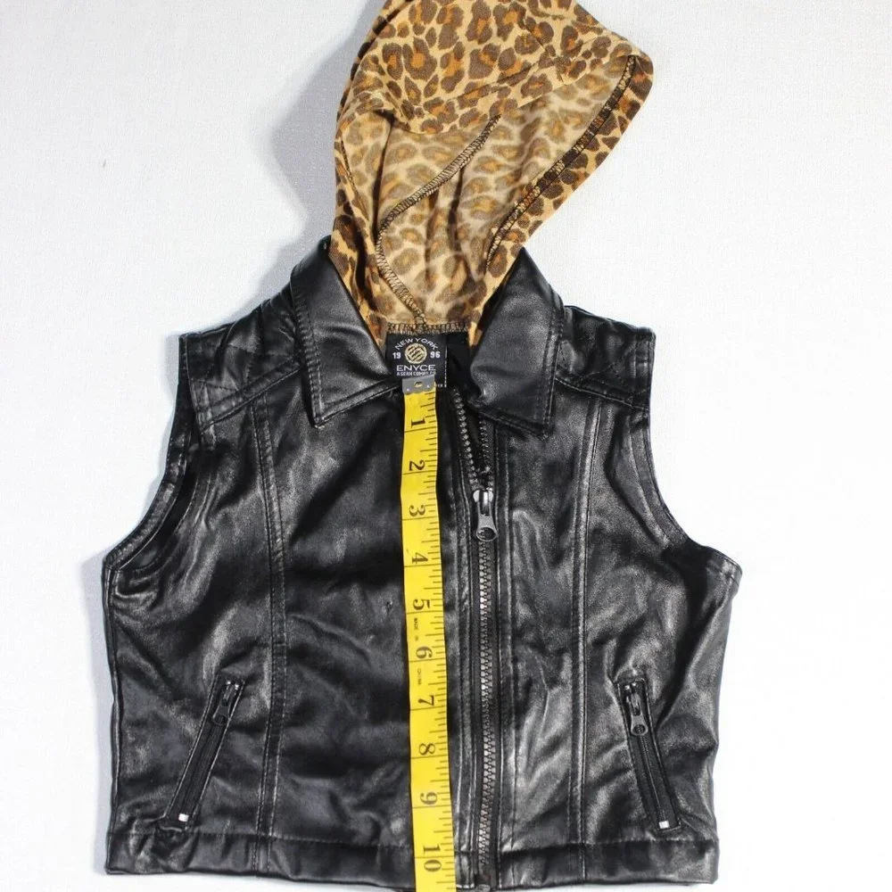Enyce Black Faux Leather Sleeveless Zipper Pockets Hooded Full Zip Jacket Sz 4‎